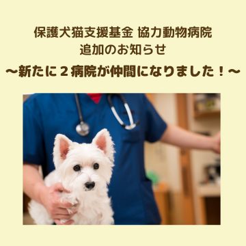 保護犬猫支援基金、協力動物病院追加のお知らせ